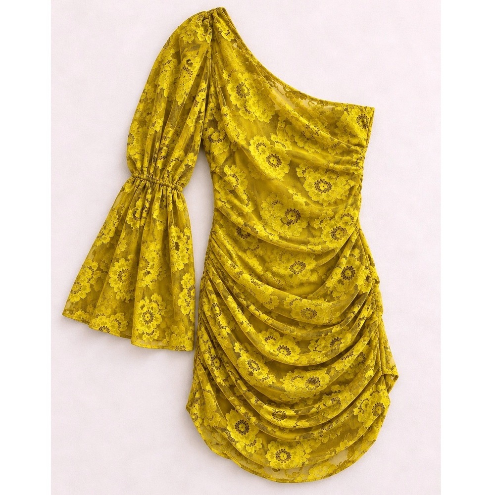For Love & Lemons NWT Floral Lace One Shoulder Ruched Mini Dress Small